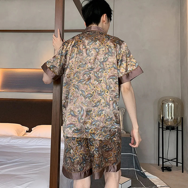 Sleepwear Mens Pajamas Trousers Long Sleeve Short Sleeve Shorts Mens Pajamas Sleep Printed Silk Satin Pajamas for Men Sets 250317
