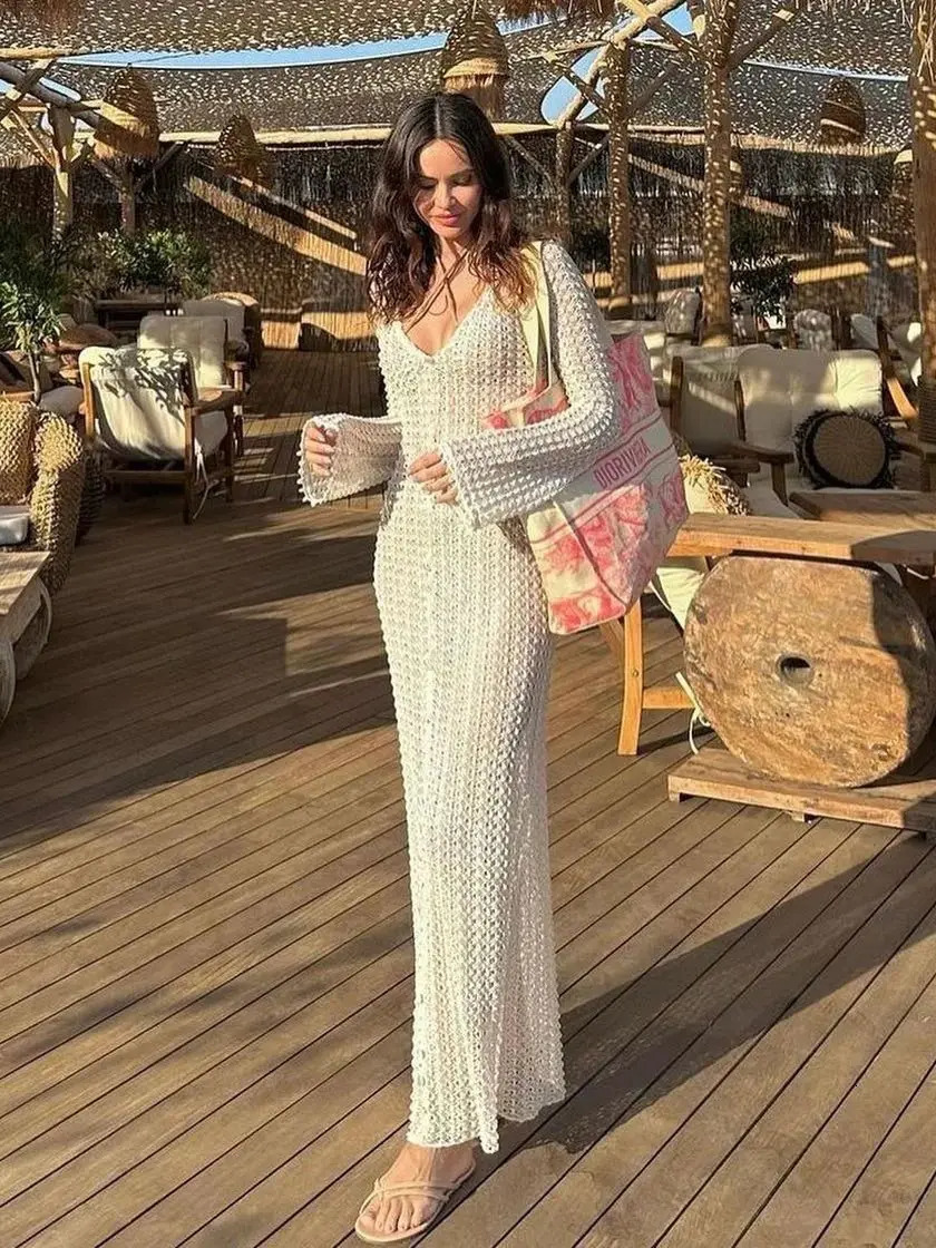 Knitted beach dress womens beach dress long sleeved swimsuit knitted swimsuit Tunic beach dress 250318