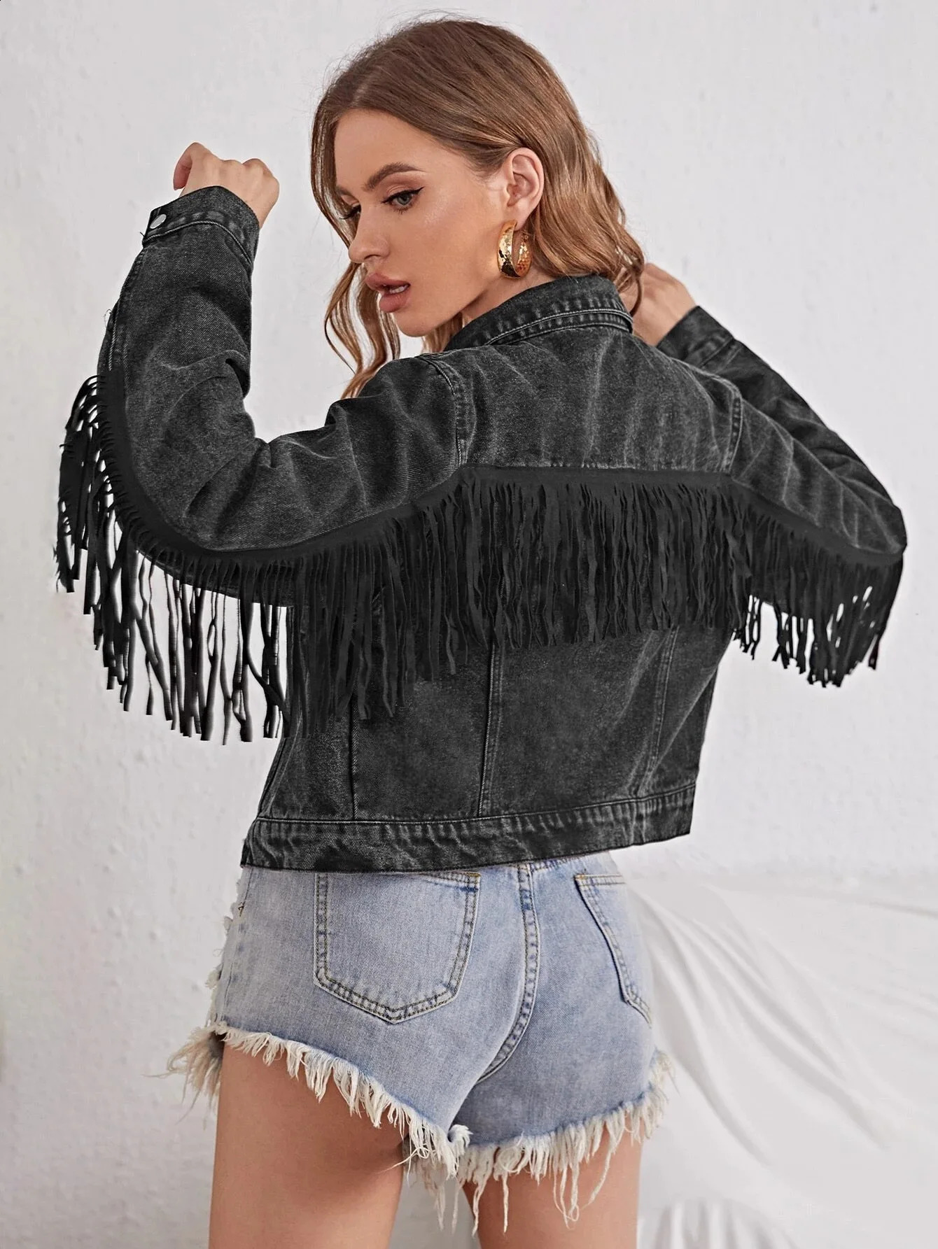Womens Cropped Denim Jacket long sleeve distressed fringe jean coat 250319