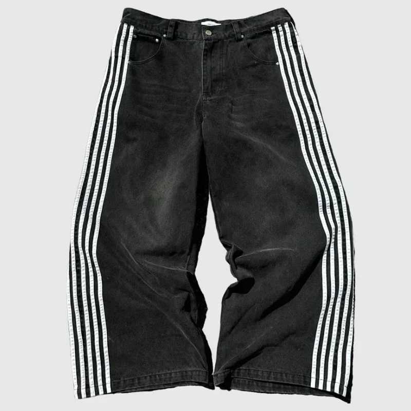 High Street retro striped embroidered high waisted jeans mens casual pants Harajuku hip-hop street bag wide leg jeansT250319