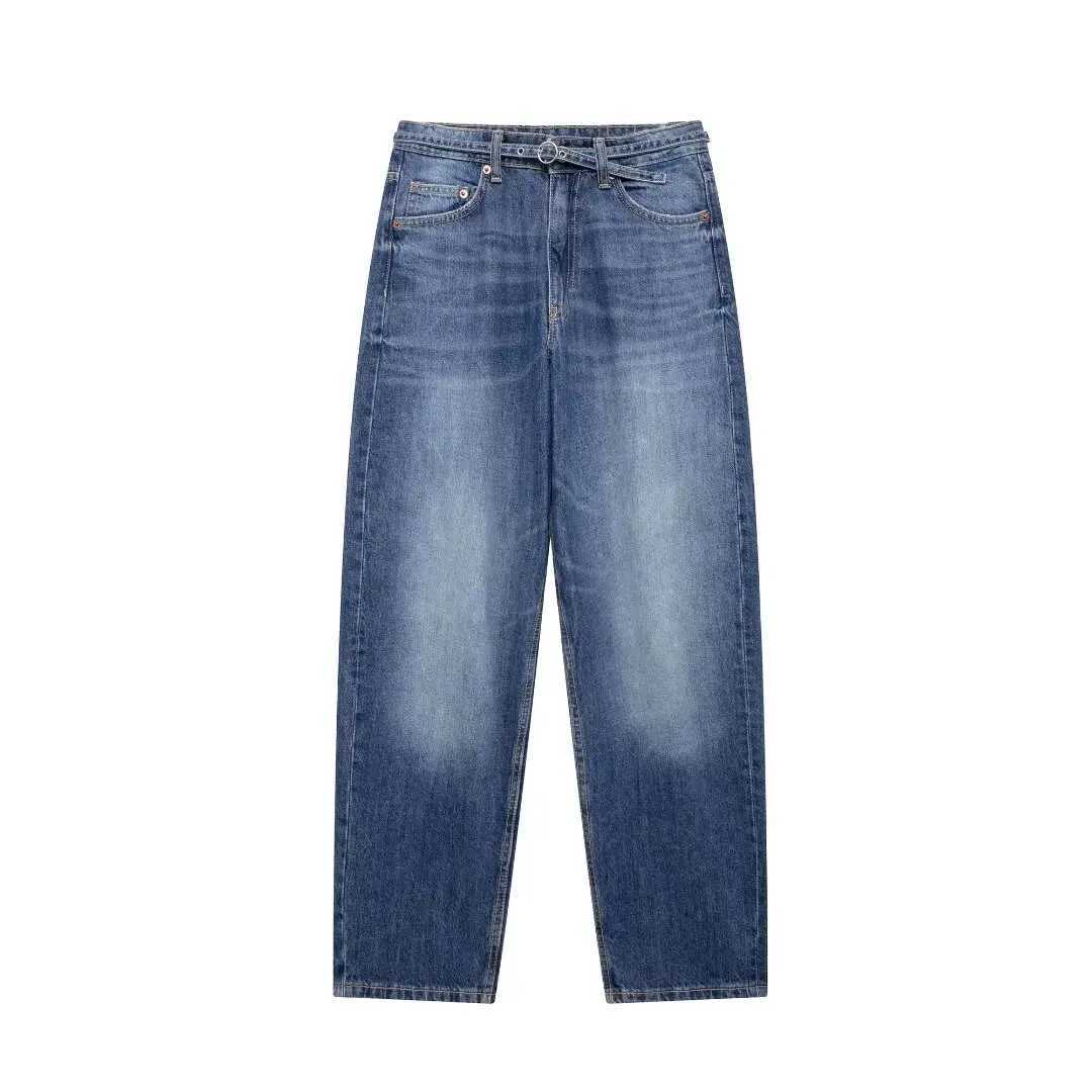 Womens Fashion Mens Denim Solid Pants Womens Belt Decoration Mid Waist Balloon Version Zipper Pocket PantsT250319