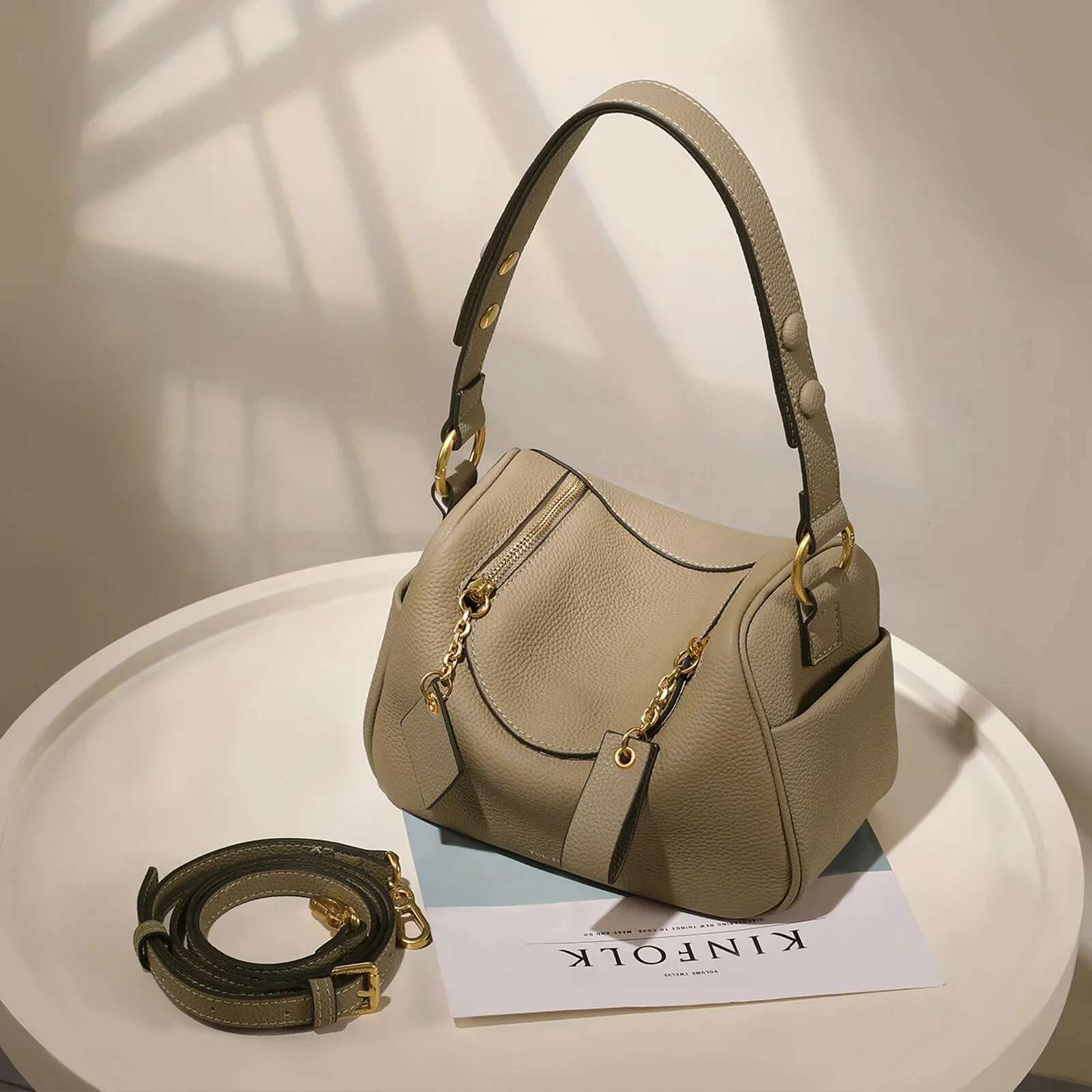 TOUTOU Quilted Genuine Leather Handbag T Print Large Capacity Crossbody With Removable Shoulder Strap Bag