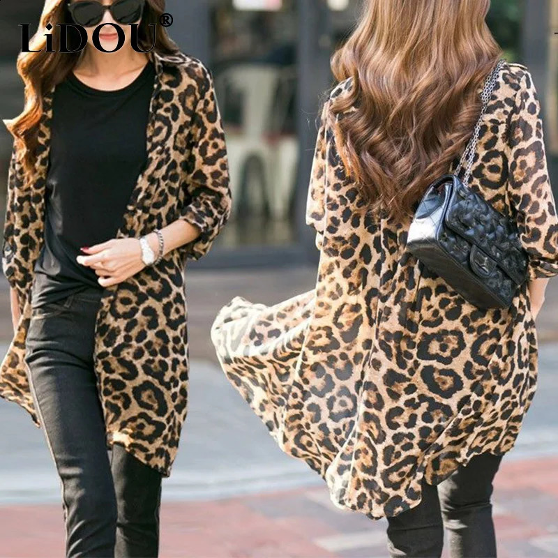 Spring and autumn leopard print cardigan womens long sleeved retro button matching casual chiffon shirt 250318