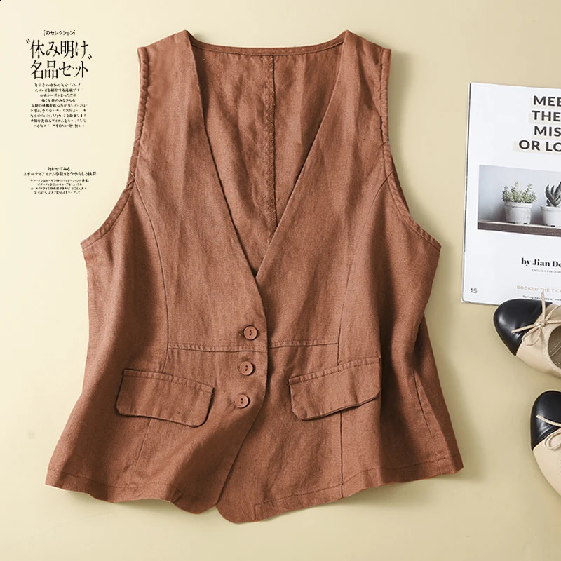 TingYili cotton linen sleeveless jacket summer Vneck white khaki green black vest Korean style cardigan 250319