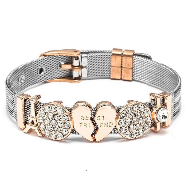 10mm Best Friend Tower Beads Stainless Steel Mesh Bracelets With Crystal Charm Keeper Bracelets Bangles For Women Men Jewelry