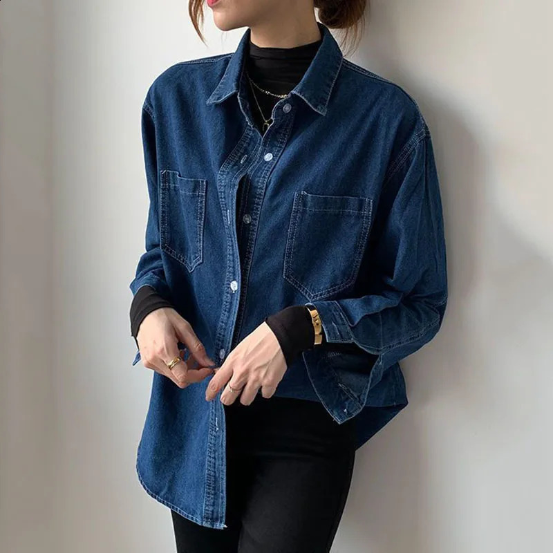 Lucy 2024 Autumn Blue Denim Jacket Womens Retro Loose Collar Shirt Fashion Button Office 250319