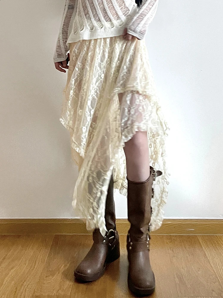 Rockmore Lace Irregular Skirt Grunge Fairycore Women Vintage Y2K Boho Aesthetic Coquette Low Waist Mid Skirts Holiday Outfits 250319