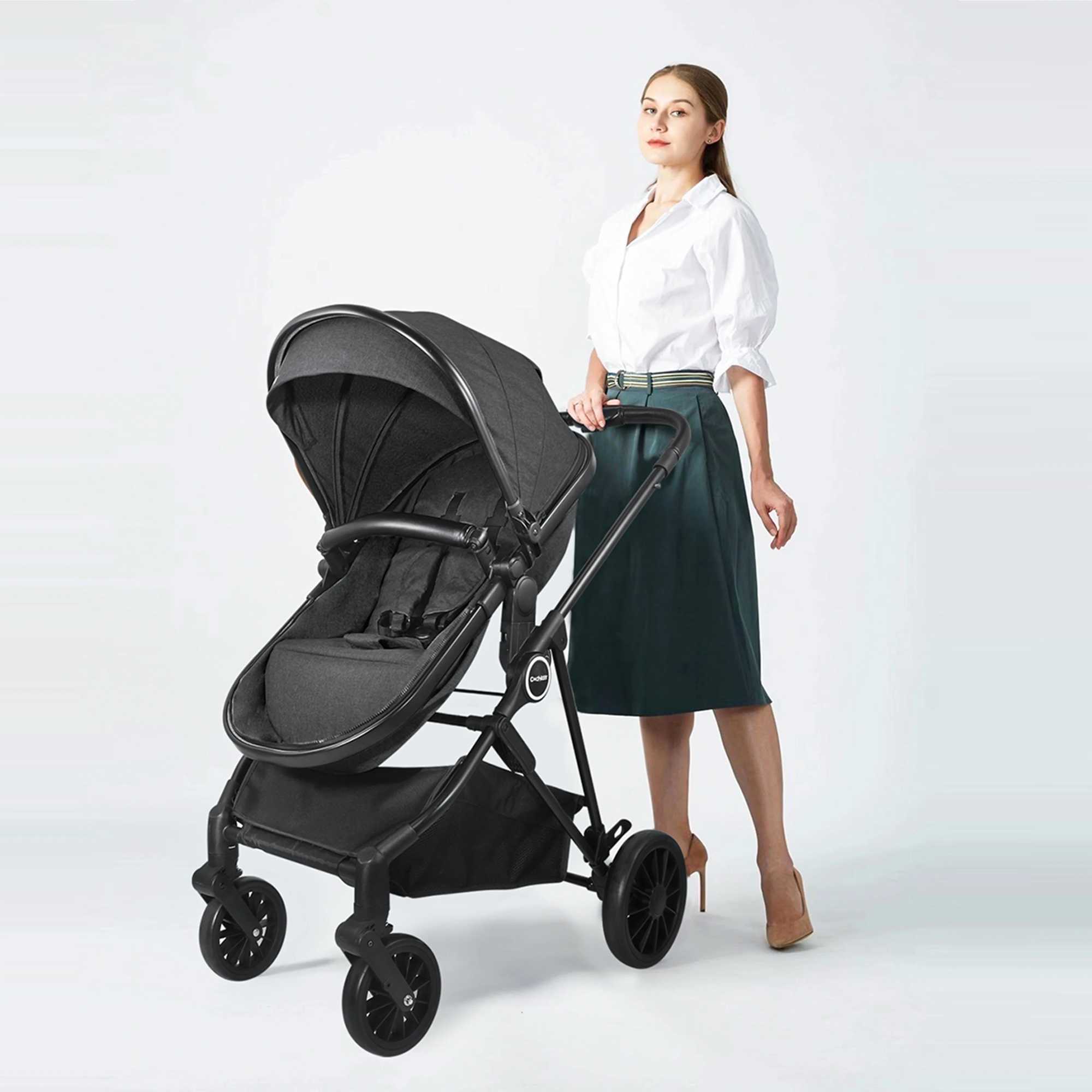 2-in-1 baby stroller foldable high landscape Pram push chair adjustable handle additional storage space seat detachable foot pad Z250319