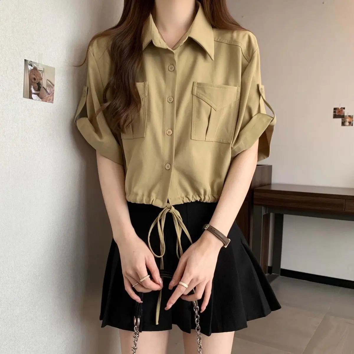 American workwear lace womens summer short top thin large fat MM loose fit n sleeved shirt 250318