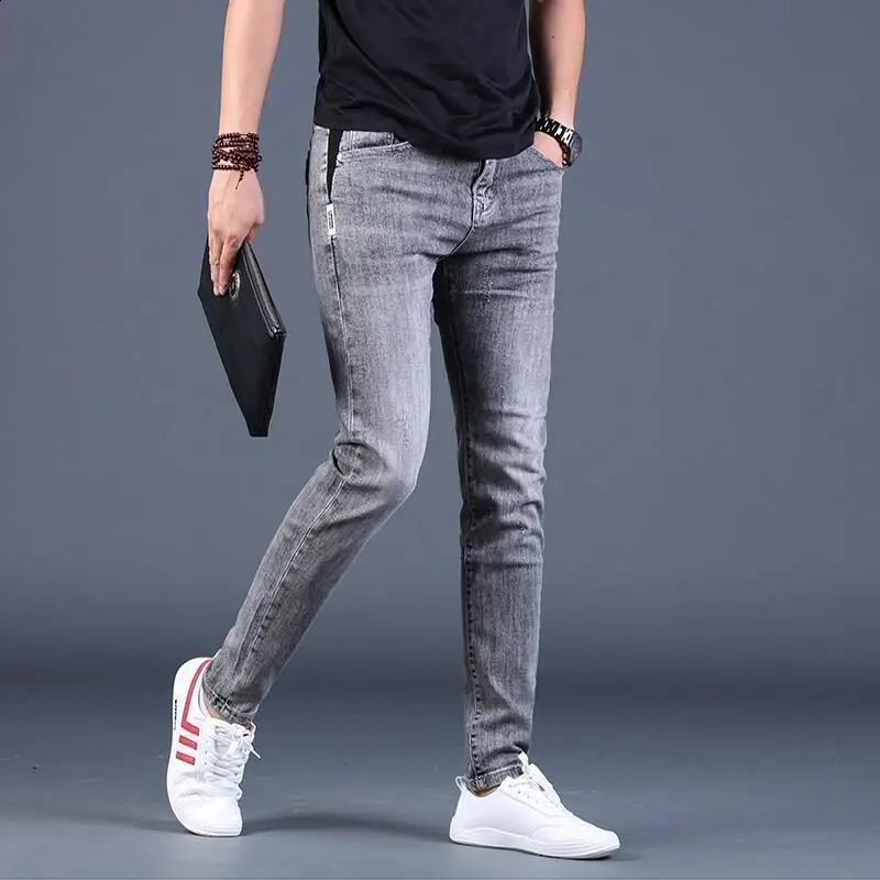 Luxury Mens Summer Thin Elastic Cotton Stretch Streetwear Denim Jeans 2023 Style Slim Fit Tapered Grey Casual Pants 250312