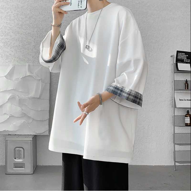 Mens summer mens T-shirt womens oversized 2XL Korean loose plain T-shirt casual seven sleeve mens white T-shirtT250318