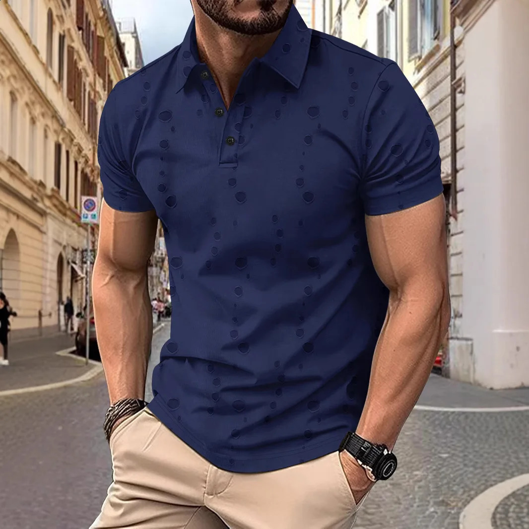 Summer Mens Fashion 3D Printed Short Sleeve Polo Shirt Solid Color Casual Jacket Collar 250317