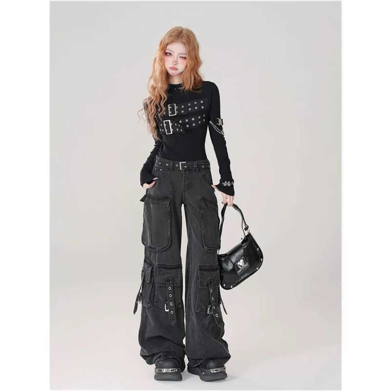 American retro hip-hop high waisted straight jeans 2024 autumn womens casual Y2K Grunge street pocket denim TrouserT250319
