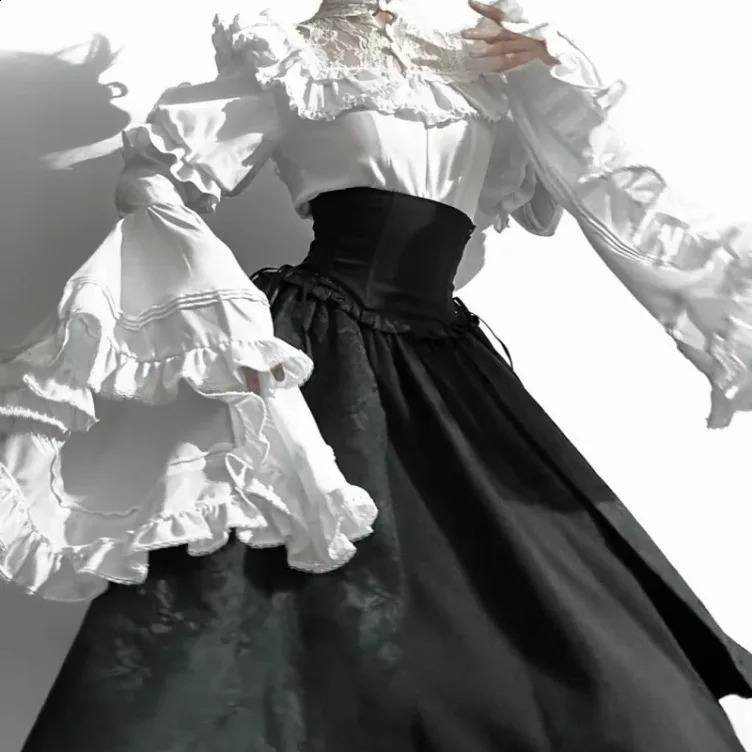 Japanese Kawaii JK Girl Cute Lolita Flare Sleeves Y2K Aesthetics Lace Patch Work Shirt Top Womens Fashion Blusas 250314