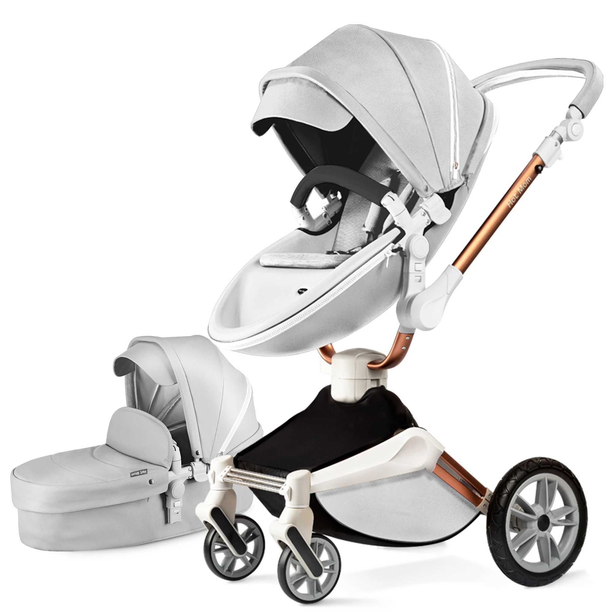 Hot Mom F023 Baby Stroller 2 in 1Rotates 360 DegreesPU Leather Mosquito Net Rain Cover Adapter Cup Holder large wheels Z250319