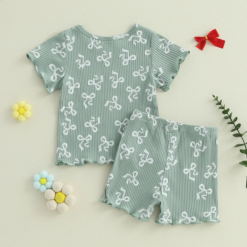 Adorable Infant Girl s Summer Clothes Set with Cute Bow n and Stylish Ruffled Trim Crew Neck Tee and Shorts Outfit 2 250319
