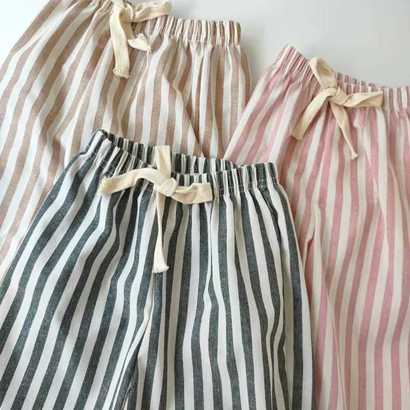 Retro Hemp Cotton Striped Boys Pants with A Casual and High-end Design Elastic Waist Girls Clothing Childrens PantsT250318