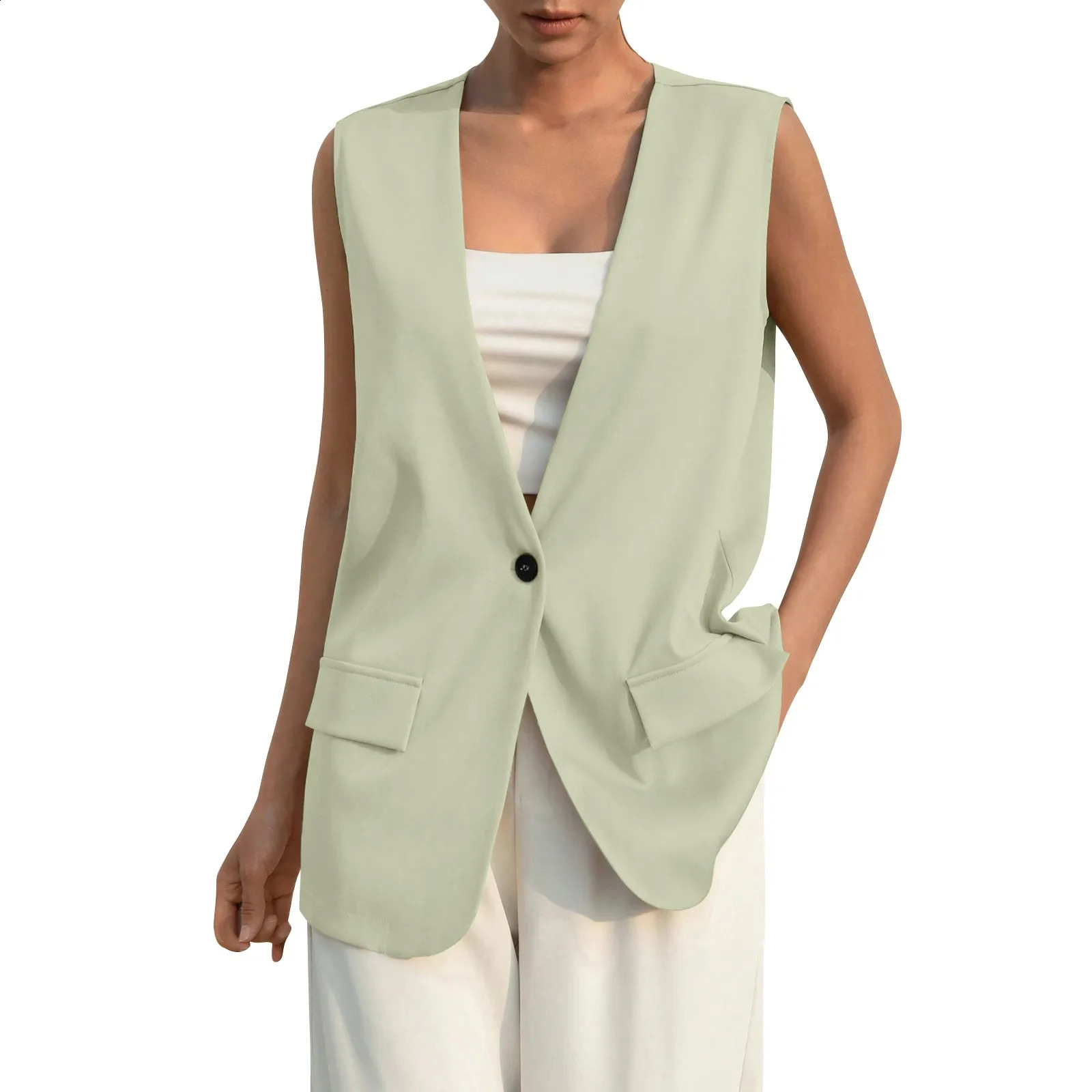 Fashion n set womens retro Vneck work casual loose jacket solid color single button sleeveless thin 250319
