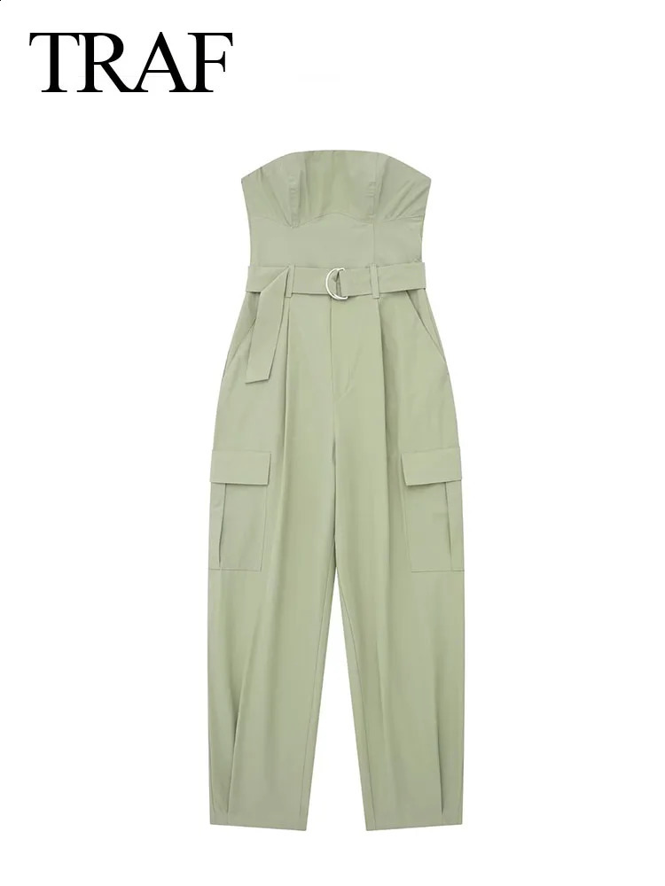 TRAFZA Spring Women Fashion Y2K Jumpsuit Solid Green With Belt Sleeveless Green Cargo Pants Loose Chic Female Clothing Street 250319