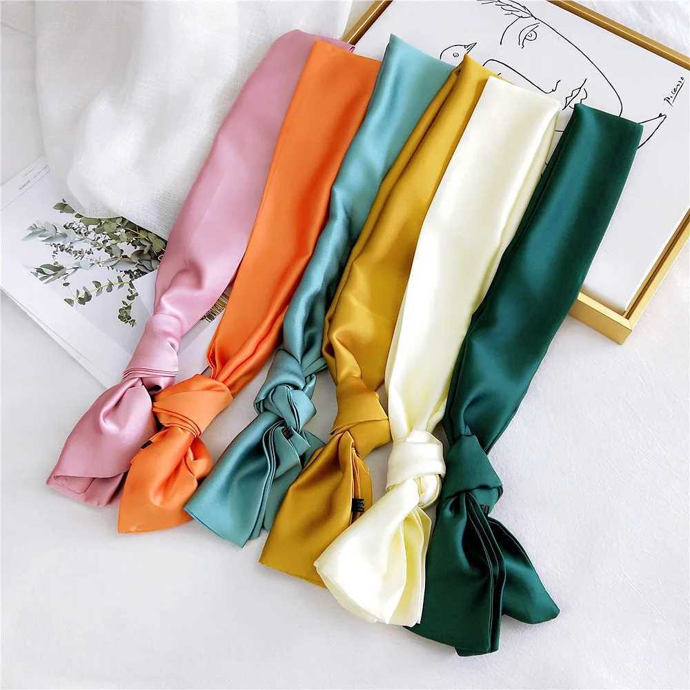 Solid color collar long hair scarf Fem silk satin neck scarf 14 * 145CM fashionable belt flat bag scarf 2023 X250319