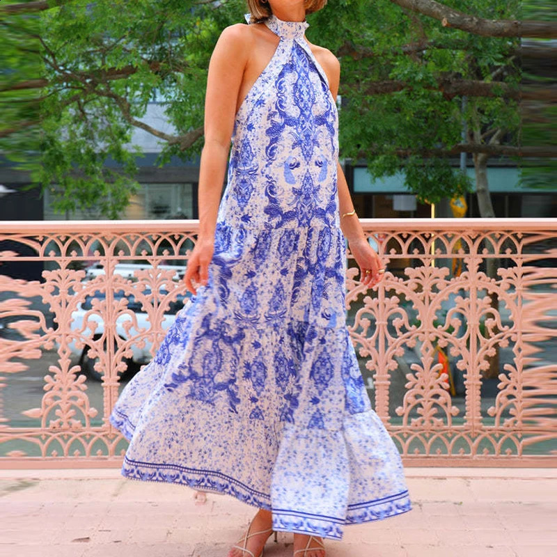 Elegant off shoulder summer long dress for women fashionable blue pattern printed Bohemian dress casual sleeveless pleated party dress 250314