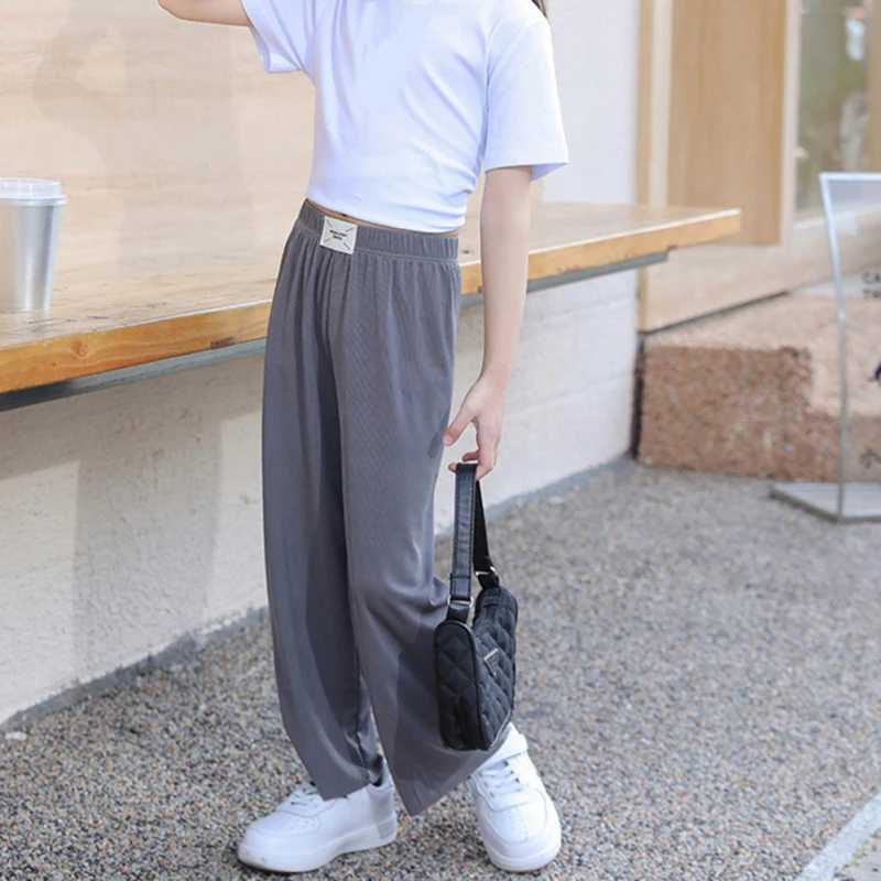Summer Ice Silk Girls Panst Kids New Casual Solid Trouser Childrens Clothing Mid Waist Stretch Wide Leg Pants 2024T250318