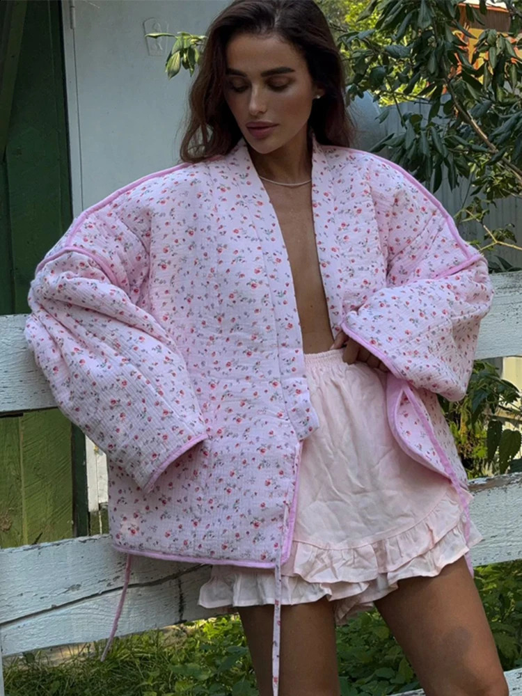 Casual Printed Womens Thick Coat Loose Lace Full Sleeve Quilted Jacket 2025 Early Spring Warm 250319