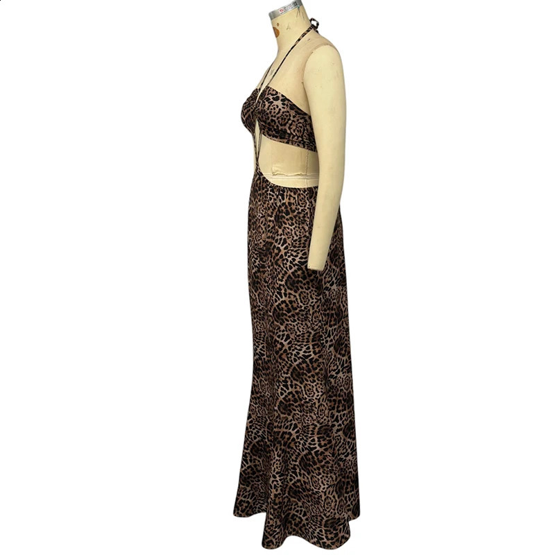 Wefads womens long skirt summer sexy casual sleeveless leopard print suspender collar lace backless hollow vacation dress 250317