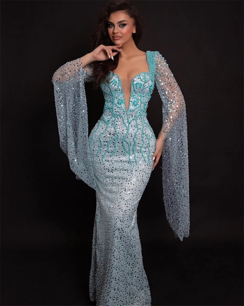 Sparkly Evening Dresses For Women Sweetheart Neck Long Sleeves Gown Sequins Beaded Sweep Train Party Customized Dress
