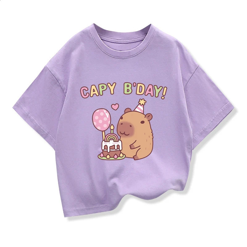 Kids Loose Clothes Short Sleeve T-shirt 2025 Boys Girls Cotton O-neck Tops Tee Summer Children Clothes Cute Capybara Printed 250319