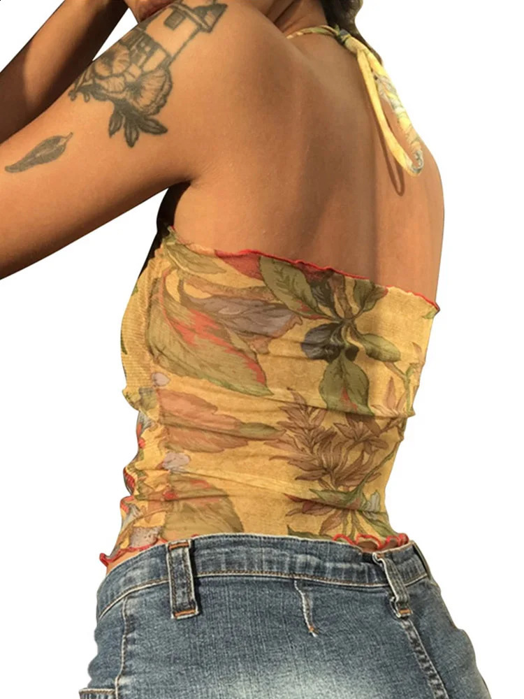 Y2K Mesh Sheer Floral T-shirt Vintage halter Tops Women Sleeveless Slim Fit Crop Top Harajuku Streetwear 250319