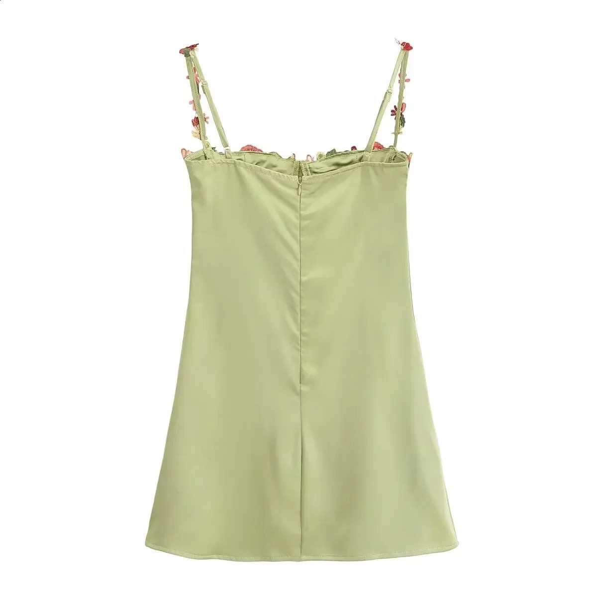 TRAFSHE Summer Like Silk Party Dress Floral Embroidery Spaghetti Strap Mini Sexy Green Satin Dresses 250319