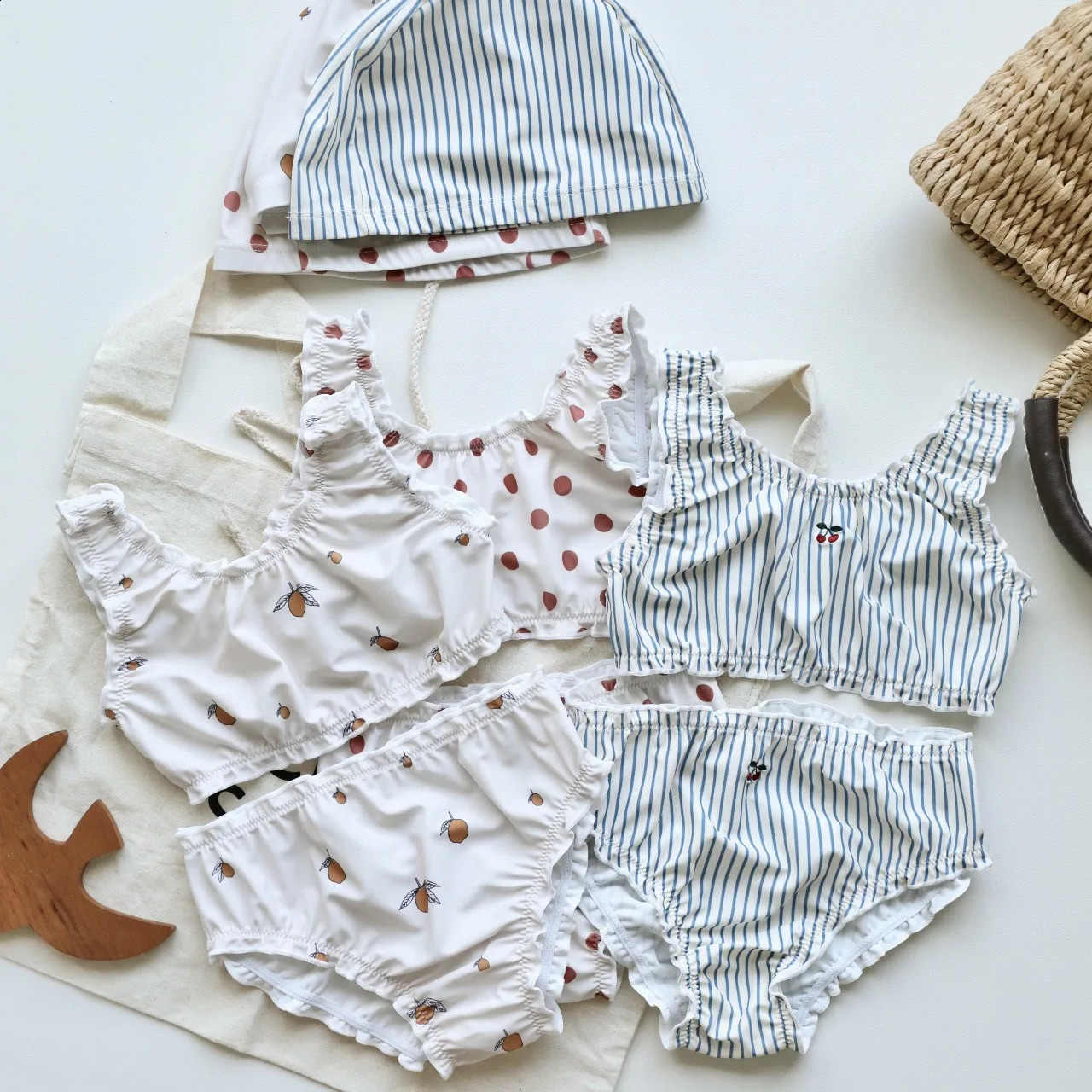 1-7Y Kids Swimsuit Fashion Girl Printed Two Pieces Swimsuit Striped Toddler Swimming Suit Monokini Beach Outfit Bathing Suit 250319