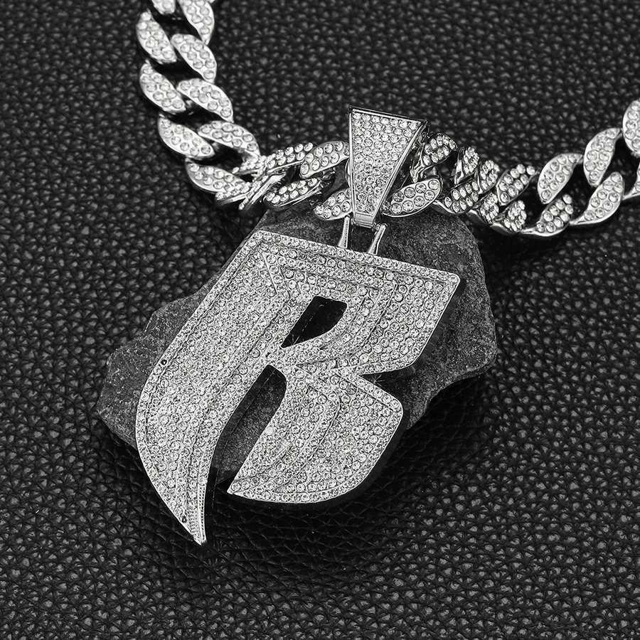 15MM Iced out miami chain with Alloy and bling rhinestone punk B letter pendant necklace 250313