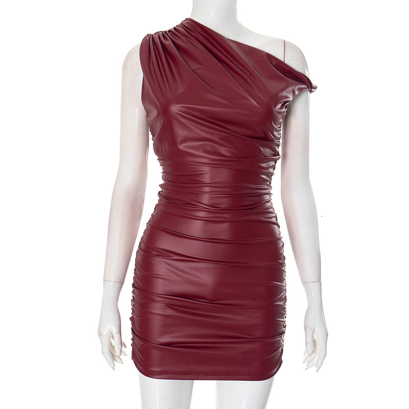 Sanhu Lianjiang H24DS298 Women's Leather Imitation Splicing Slant Collar Twisted Folded Hip Wrapping Dress