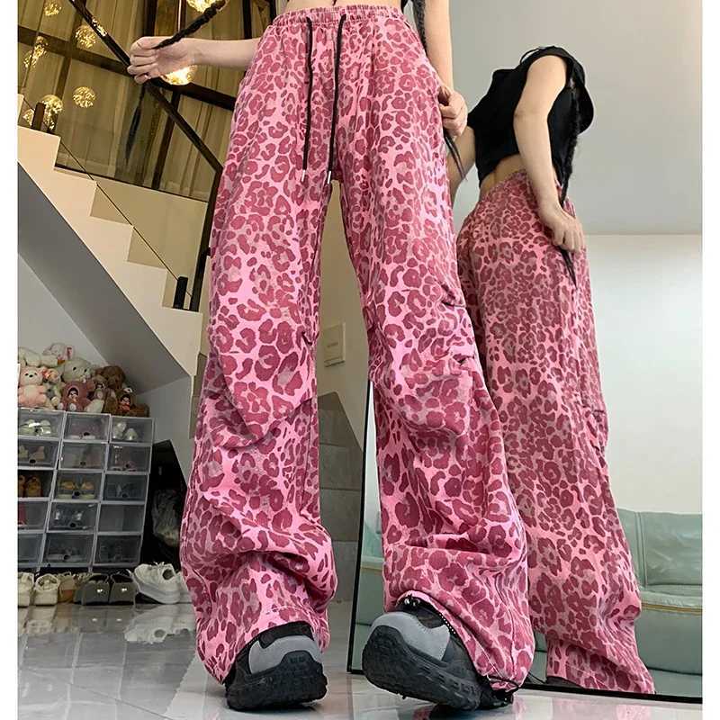 Womens American streetwear bag Y2k jeans girl retro Harajuku Trouser womens red leopard print Japanese 2000s wide leg pantsT250319