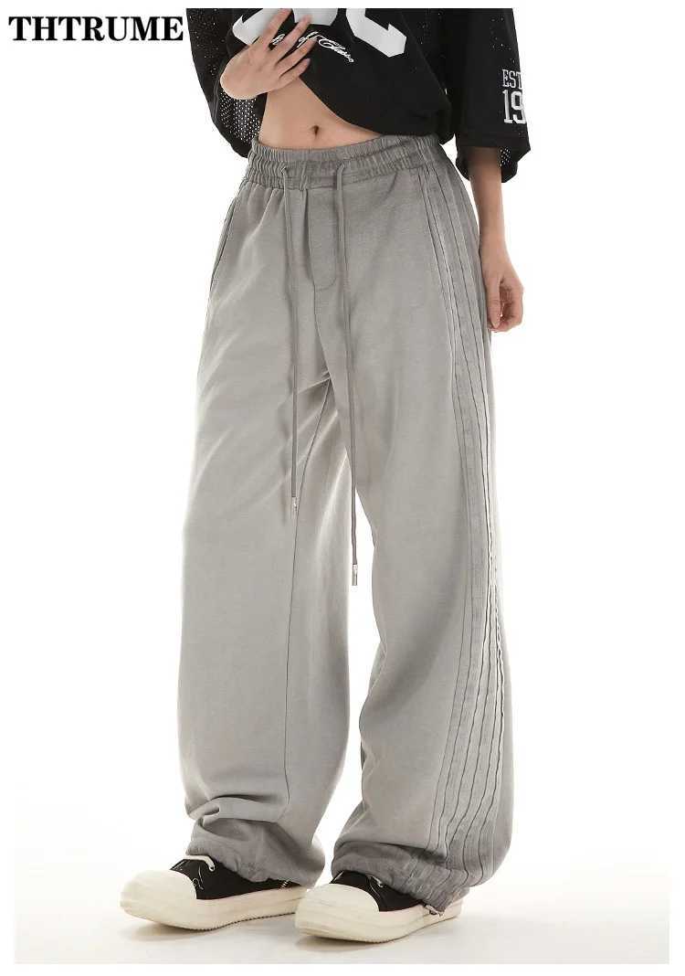 Harajuku Striped Loose Pocket Pants Womens Fashion Drawstring Retro Pocket Cargo Pants Street Clothing Sports Pants TrousersT250318