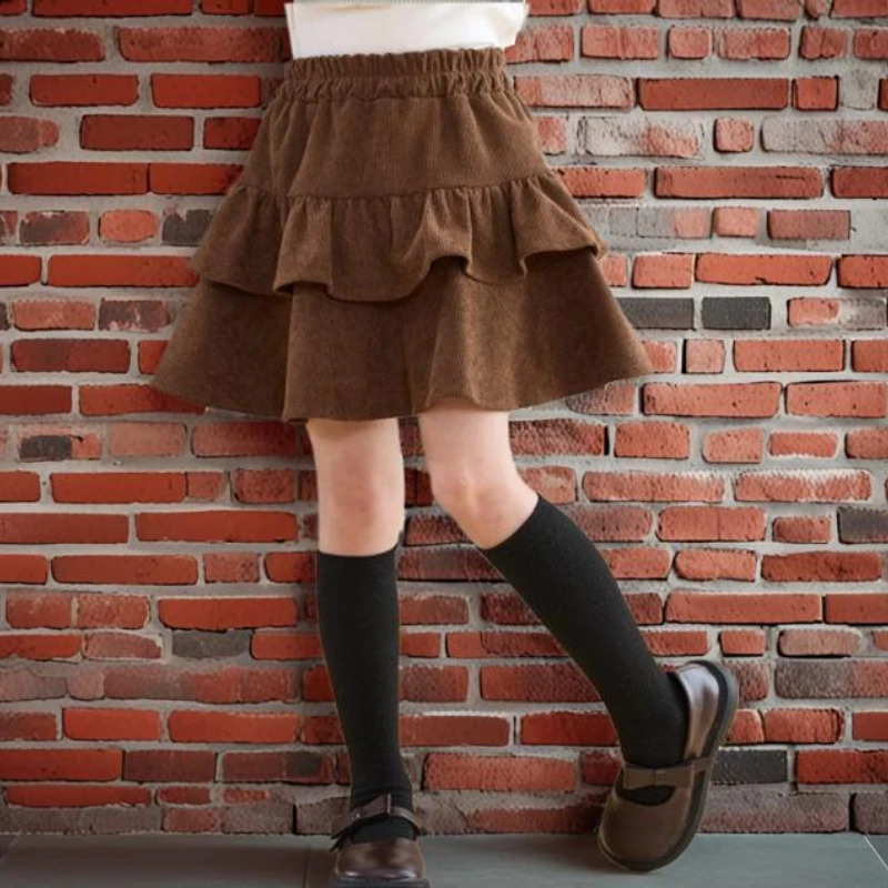 Corduroy Childrens Short Skirt High-waisted Maillard Vintage College Style Pleated Skirt for Girls Autumn Winter A-line Skirt 250319
