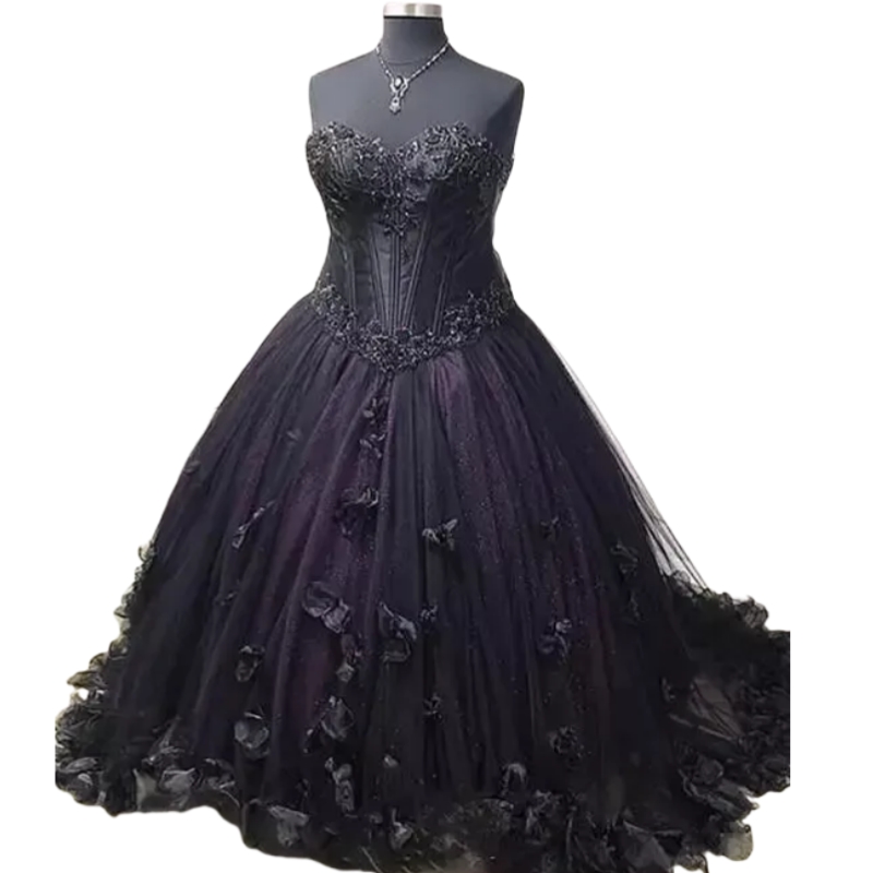 Black Gothic Wedding Dresses 3D Floral Appliques Sweetheart Corset Ball Gown Vintage Bridal Gowns Lace Appliques Beaded Retro Vestido De Novia Back La