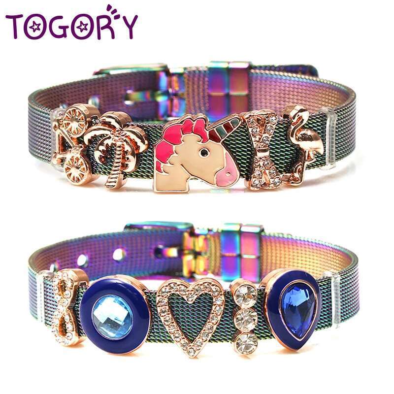 2021 New Fashion Jewelry Stainless Steel Mesh Bracelets Bangles with Unicorn Charms Fine Bracelets For Women Kids Gift
