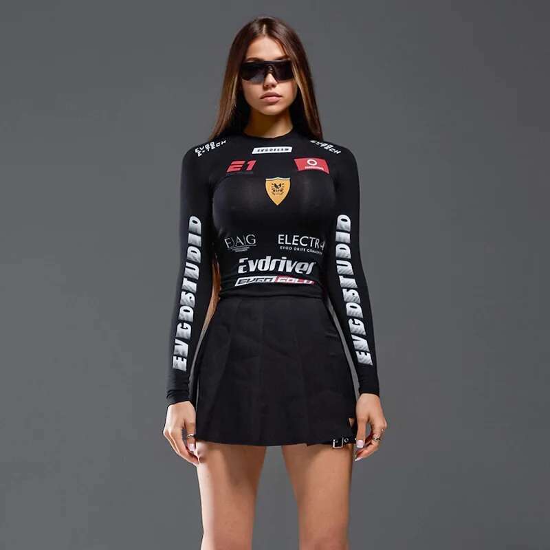 European American Spice Girls 2024 Autumn Motorcycle Wind Letter Printed Round Neck Long Sleeve Slim Women Individuality Blouse