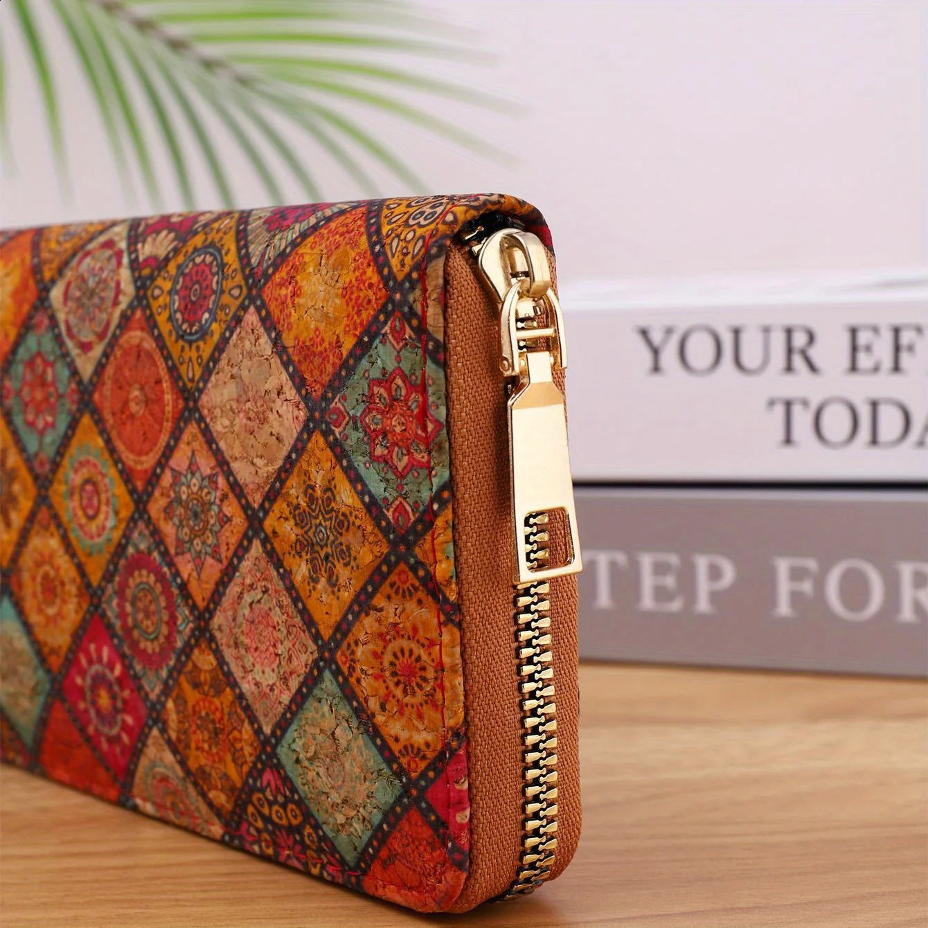 Bohemian PU leather womens long wallet floral printed clutch coin wallet vegan retro artificial wooden credit card holder 250318