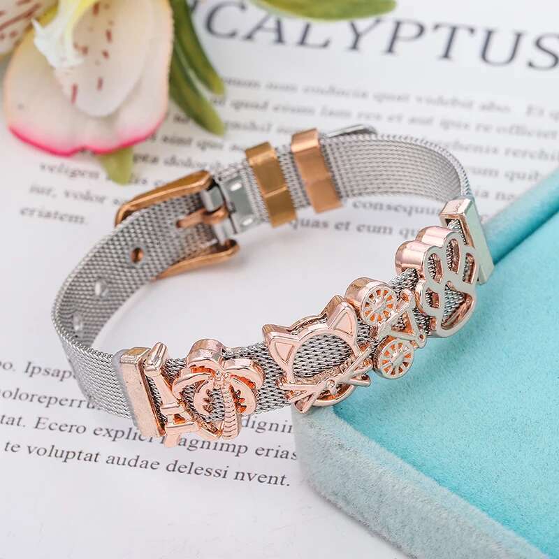 High Quality Stainless Steel Mesh Bracelet With Crystal Cartoon Dog Claw Charms Fine Bracelets Set For Women Kids Gift