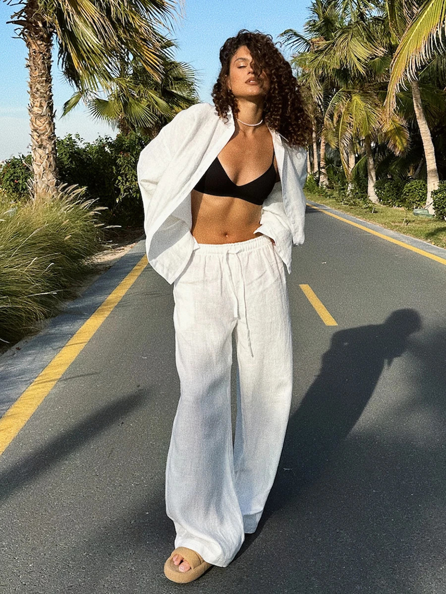 Bornadies Cotton Casual Pants Set for Women Solid Color Comfortable Collar Long Sleeve Summer Dress Elastic Waist 250319