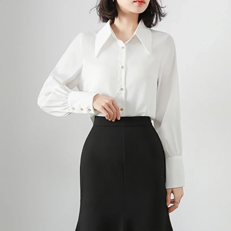 Spring Summer Satin White Womens Blouse Long Sleeve Elegant Korean Workwear Office Lady Casual Loose Shirts Female 250318