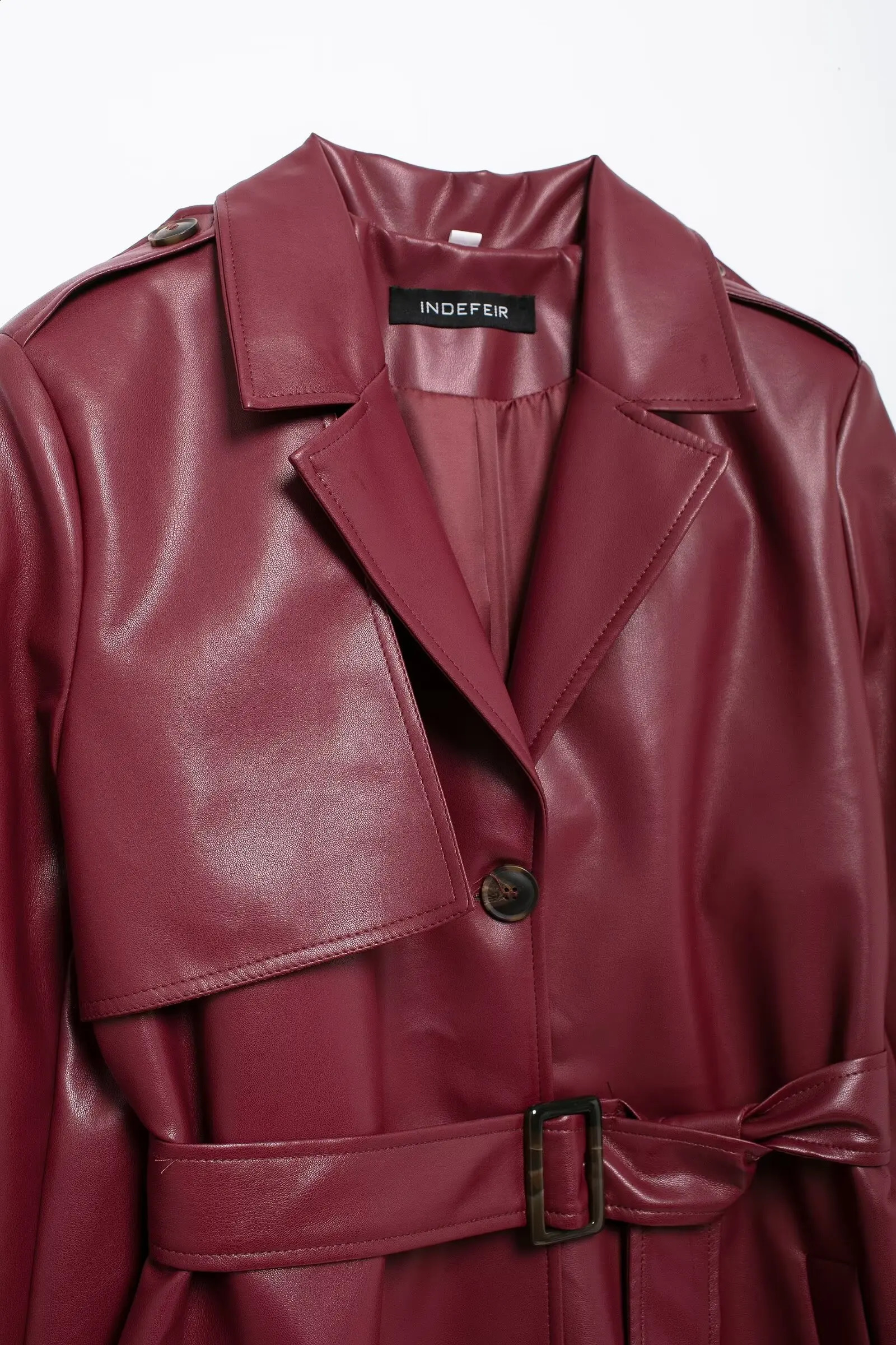 Womens vintage Burgundy synthetic leather Maxi long jacket with belt fashionable sleeves single perforated elegant PU groove 250319