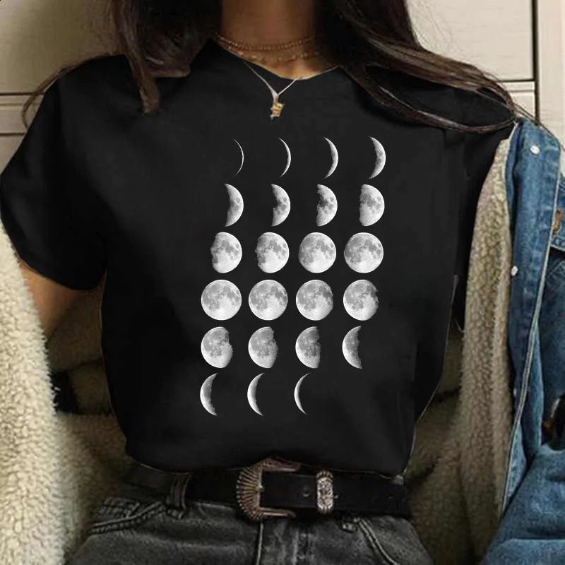 Moon Print T-shirts for Women Harajuku Summer T Shirt Fashion Black Tops Funny Female T-shirt Casual Tee Woman Clothes 250319