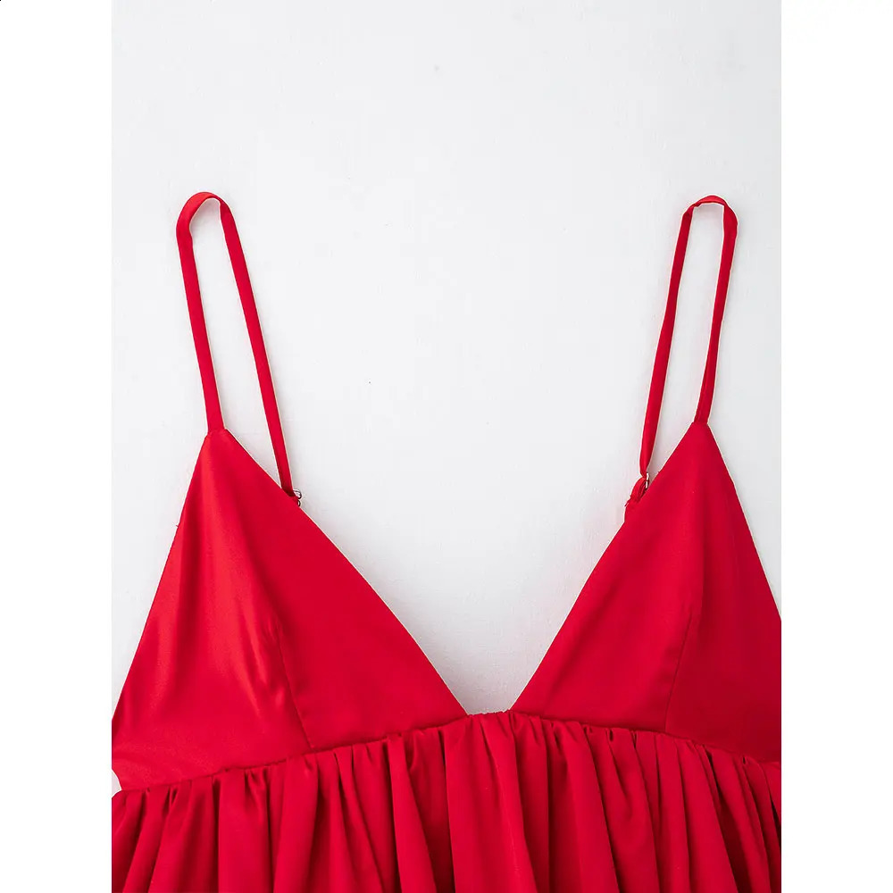 DUOPERI womens fashionable red pleated vest top retro backless thin shoulder strap Vneck 250319