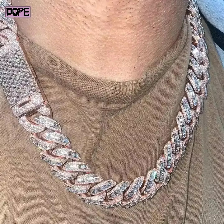 Hiphop Miami Cuban Link Chain 925 Sterling Silver Iced Out 20mm Gold Plated Baguette Moissanite Cuban Chain