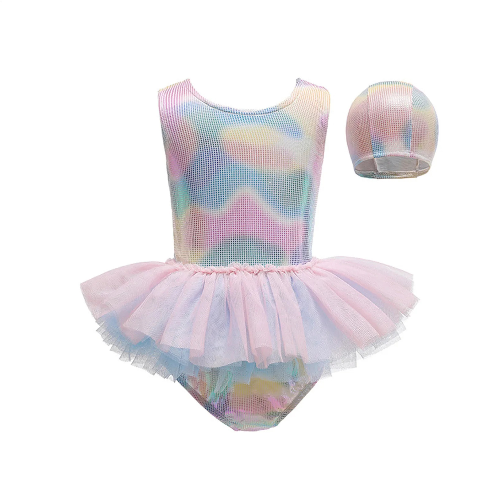 Toddler Girls One Piece Sweet Ballet Princess Swimsuit with Mesh Skirt Ruffled Swimwear Sun Protection Bathing Suit Swim Caps 250319